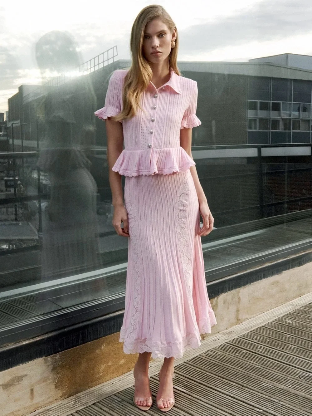 NWOT Self-Portrait PINK POINTELLE PEPLUM KNIT MIDI DRESS - Picture 3 of 11